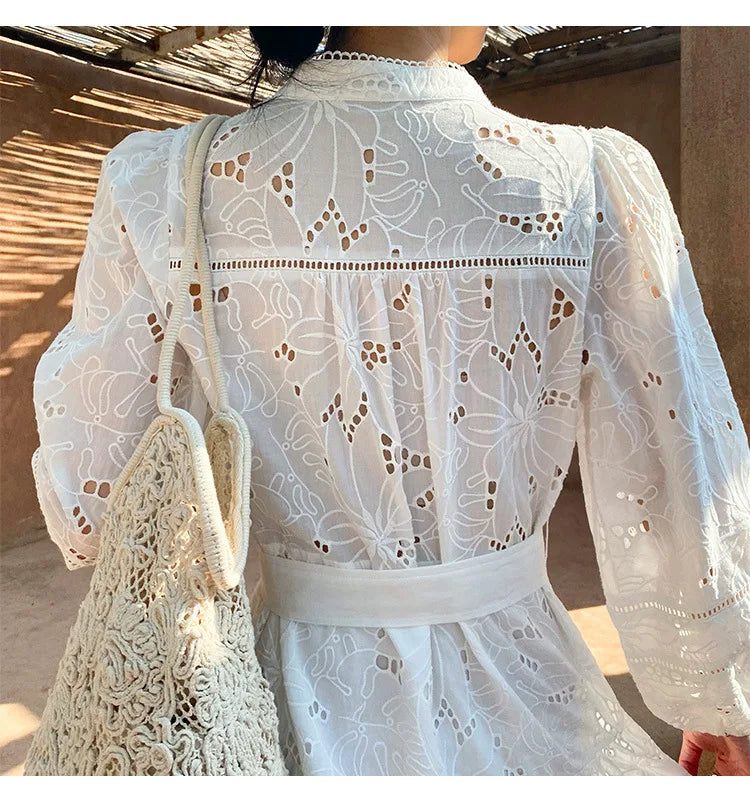 Cotton  Floral Embroidery  Lace  Long Sleeve  V-neck  White  Belted  Mini  Spring  Summer Boho Dress