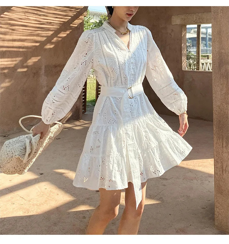 Cotton  Floral Embroidery  Lace  Long Sleeve  V-neck  White  Belted  Mini  Spring  Summer Boho Dress