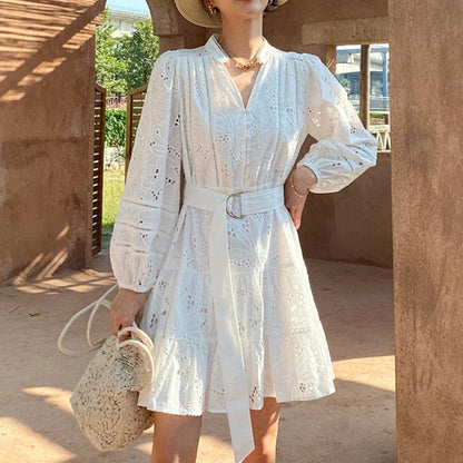 Cotton  Floral Embroidery  Lace  Long Sleeve  V-neck  White  Belted  Mini  Spring  Summer Boho Dress