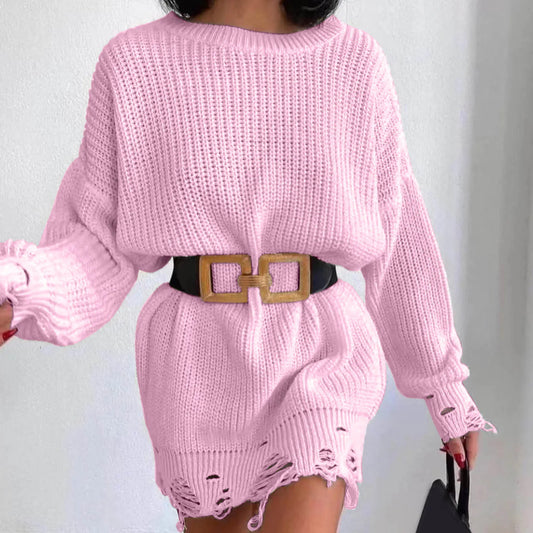 Autumn Knitted Pullover Solid Office Lady Mini Fashion Warm Winter Sweater Hem Ripped Dress