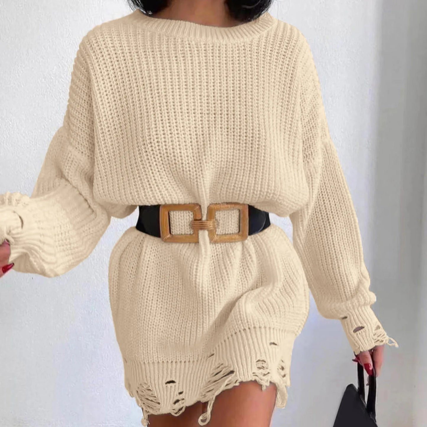 Autumn Knitted Pullover Solid Office Lady Mini Fashion Warm Winter Sweater Hem Ripped Dress