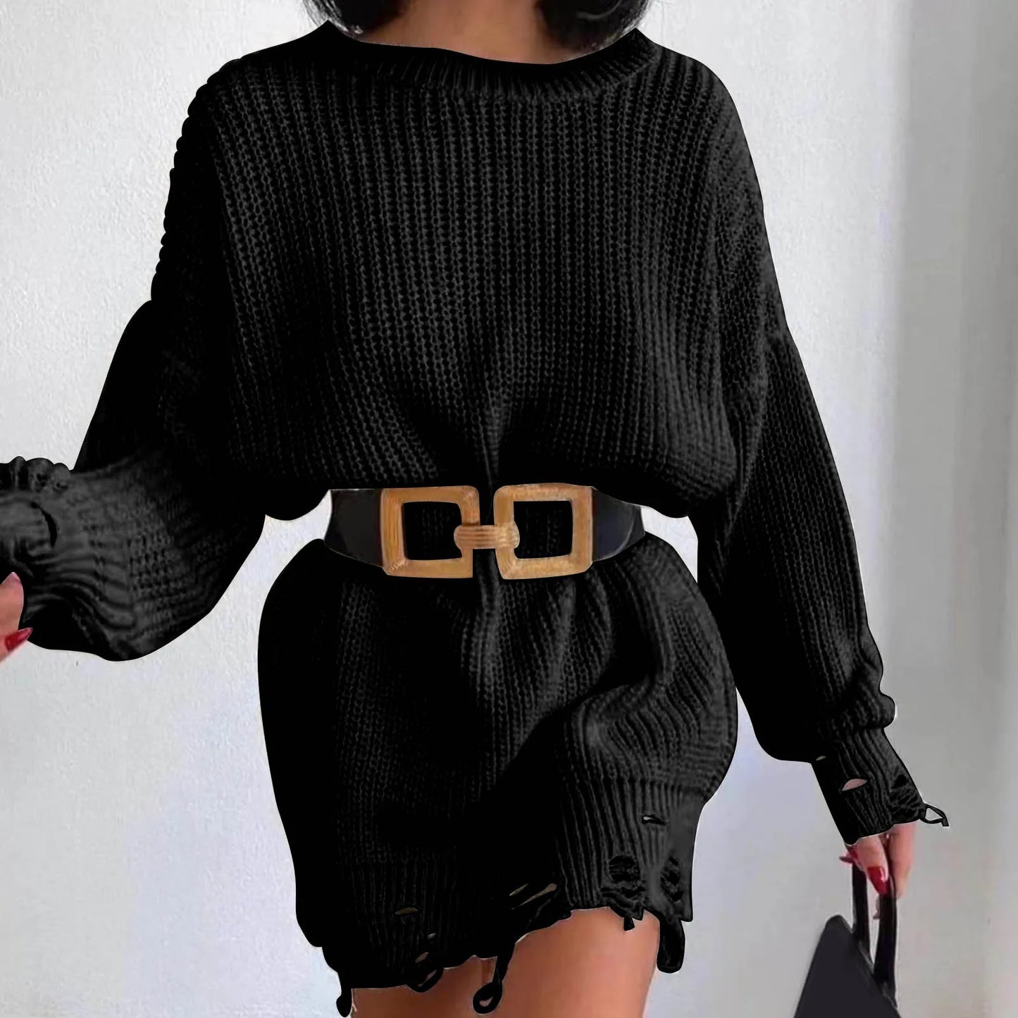 Autumn Knitted Pullover Solid Office Lady Mini Fashion Warm Winter Sweater Hem Ripped Dress