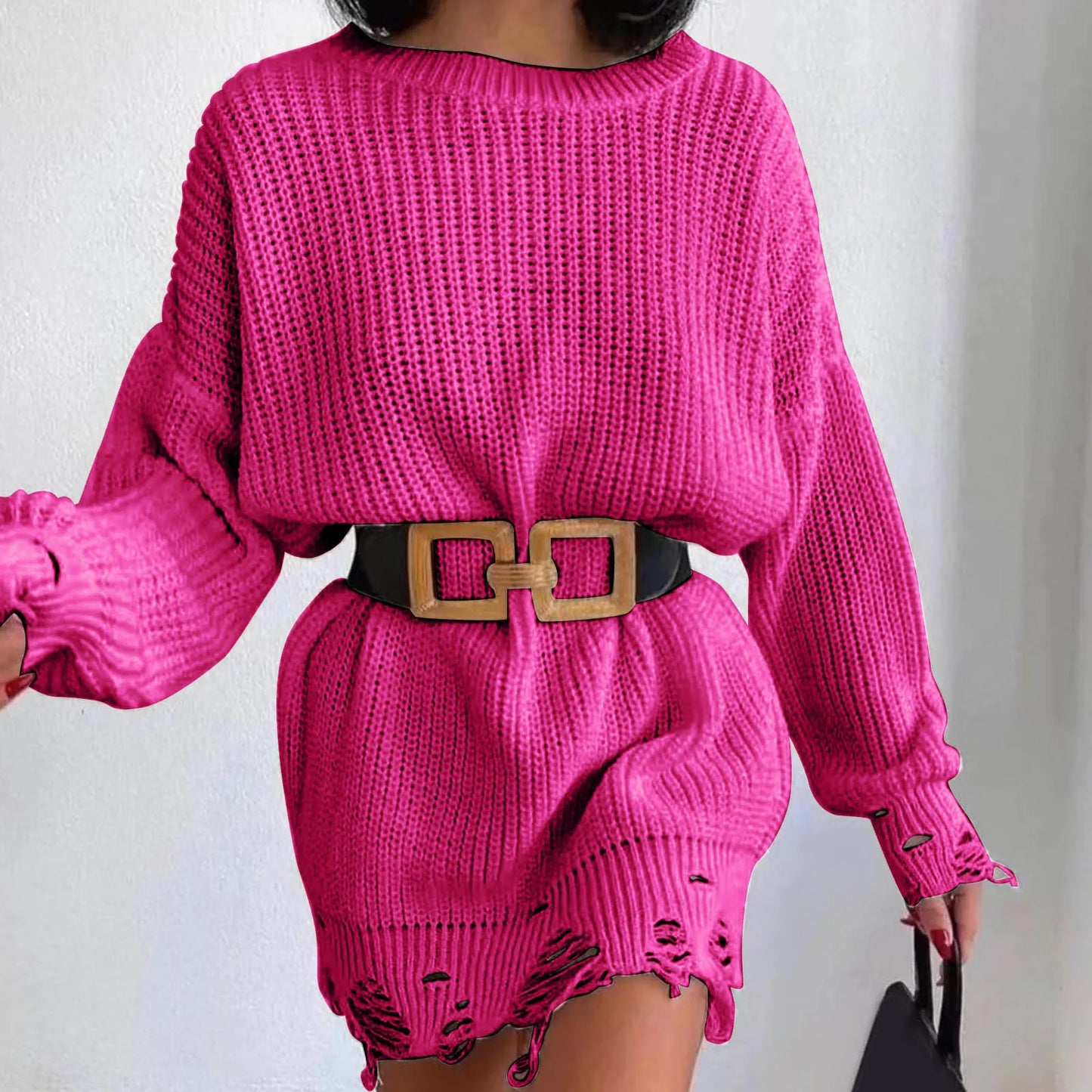 Autumn Knitted Pullover Solid Office Lady Mini Fashion Warm Winter Sweater Hem Ripped Dress