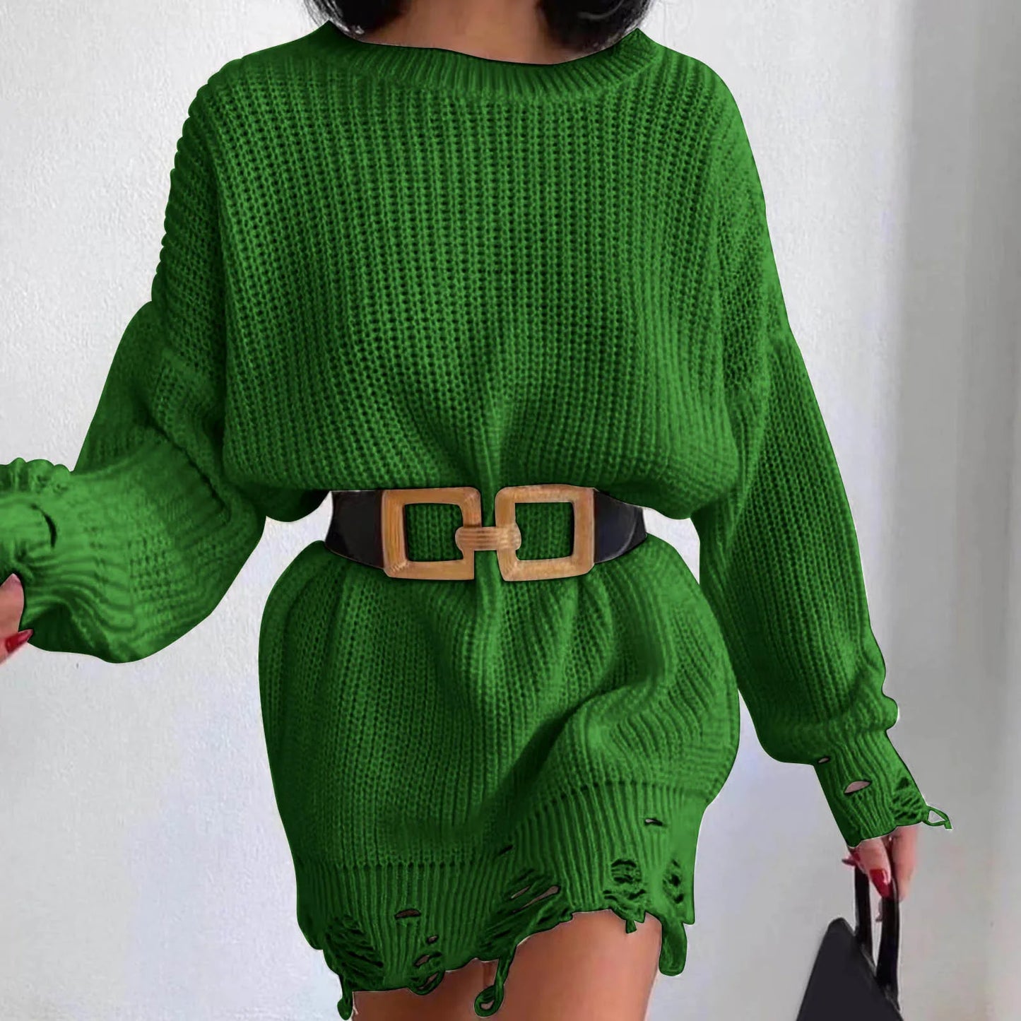 Autumn Knitted Pullover Solid Office Lady Mini Fashion Warm Winter Sweater Hem Ripped Dress