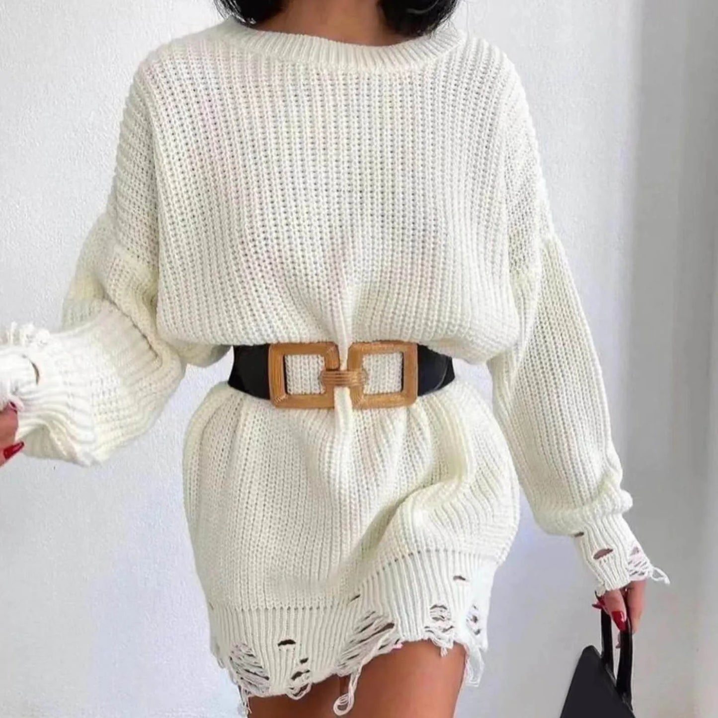 Autumn Knitted Pullover Solid Office Lady Mini Fashion Warm Winter Sweater Hem Ripped Dress