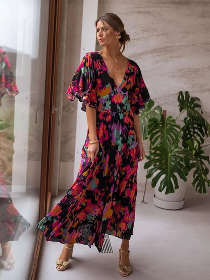 2024 Floral V-neck Self Belted Cotton Summer Boho Dress