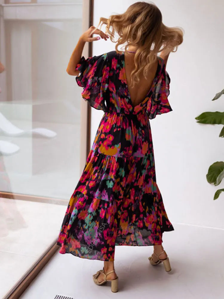 2024 Floral V-neck Self Belted Cotton Summer Boho Dress