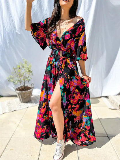 2024 Floral V-neck Self Belted Cotton Summer Boho Dress