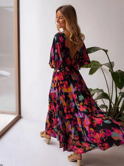 2024 Floral V-neck Self Belted Cotton Summer Boho Dress