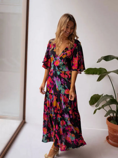 2024 Floral V-neck Self Belted Cotton Summer Boho Dress