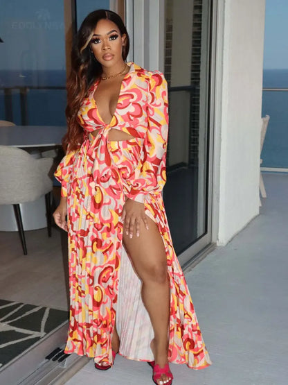 2024 Deep V Neck High Slit Party Beach Wear Boho Dress