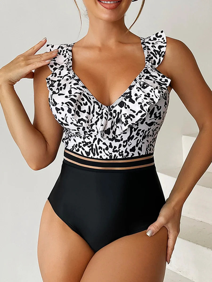 2024 Leopard Mesh-Tape V-Neck Basic Swimsuits