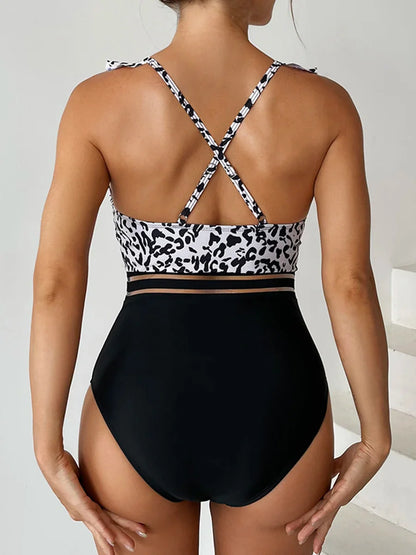 2024 Leopard Mesh-Tape V-Neck Basic Swimsuits