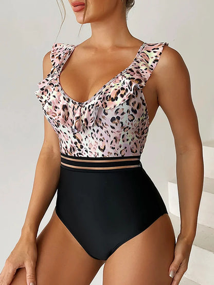 2024 Leopard Mesh-Tape V-Neck Basic Swimsuits