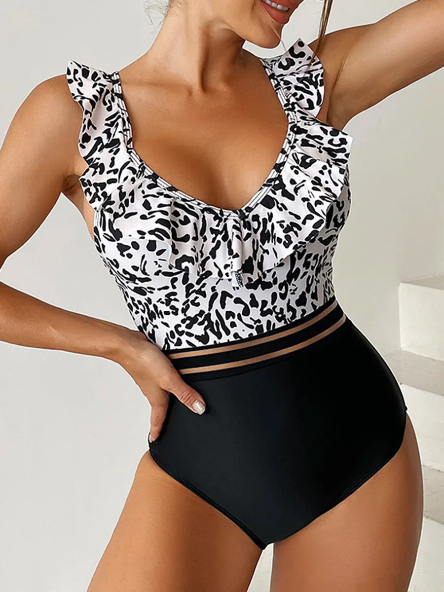 2024 Leopard Mesh-Tape V-Neck Basic Swimsuits