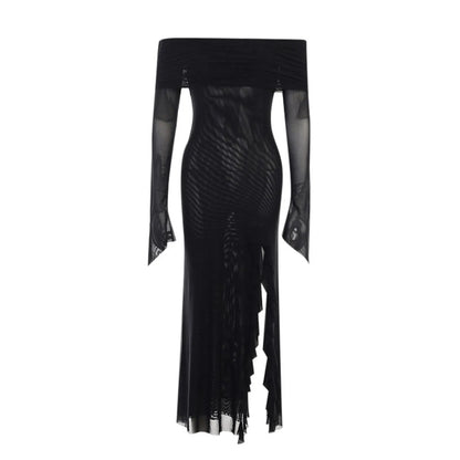 2024 New European And American Gothic Dark Fashion Man Slim One Shoulder Mesh Long Women Casual Summer Dress