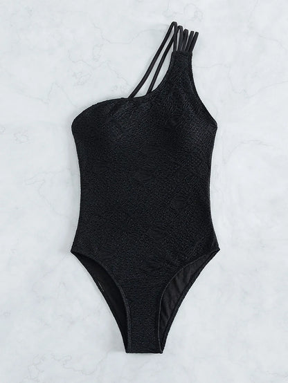 2024 Solid Black One-Shoulder Sultry Basic Swimsuits