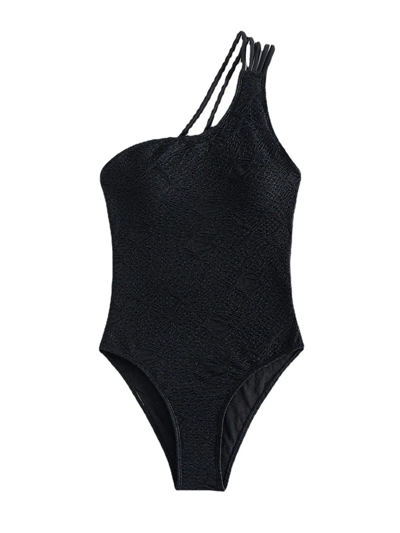 2024 Solid Black One-Shoulder Sultry Basic Swimsuits