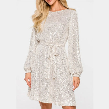 New Women's Sequin Puff Long Sleeve Glitter Sequins Mini With Belt Fashion Temperament Elegant Evening Dress