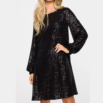 New Women's Sequin Puff Long Sleeve Glitter Sequins Mini With Belt Fashion Temperament Elegant Evening Dress