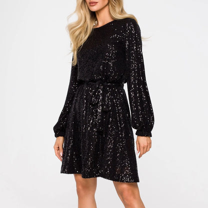 New Women's Sequin Puff Long Sleeve Glitter Sequins Mini With Belt Fashion Temperament Elegant Evening Dress