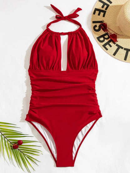 2024 Ruched High Neck Solid Bathing Basic Swimsuits