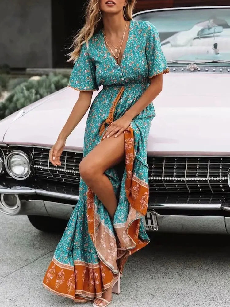 2024 Tassel Bohemian Long Party Floral Print Boho Dress