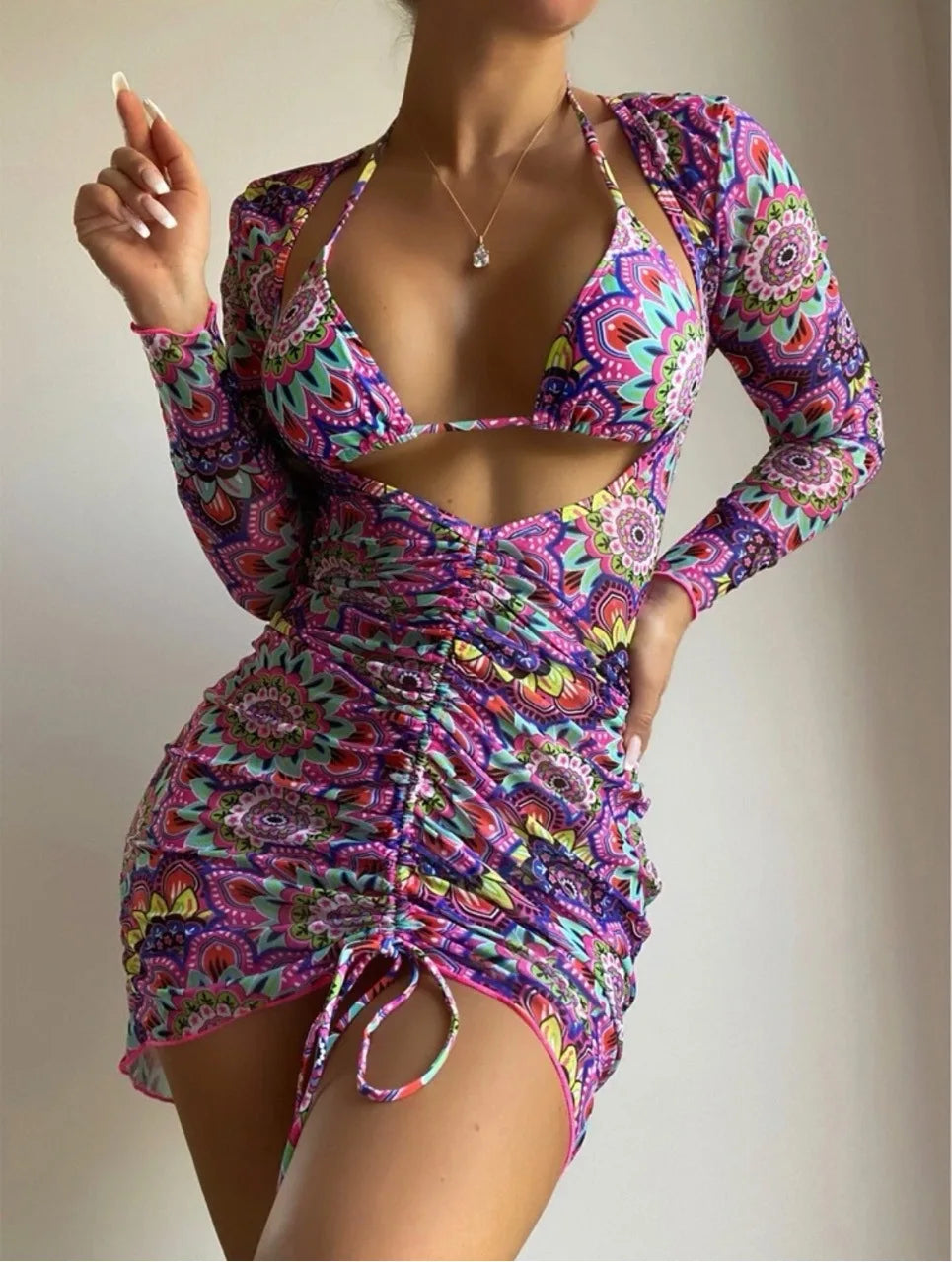 2024 Mesh Drawcord Three-piece Retro Printing Basic Swimsuits