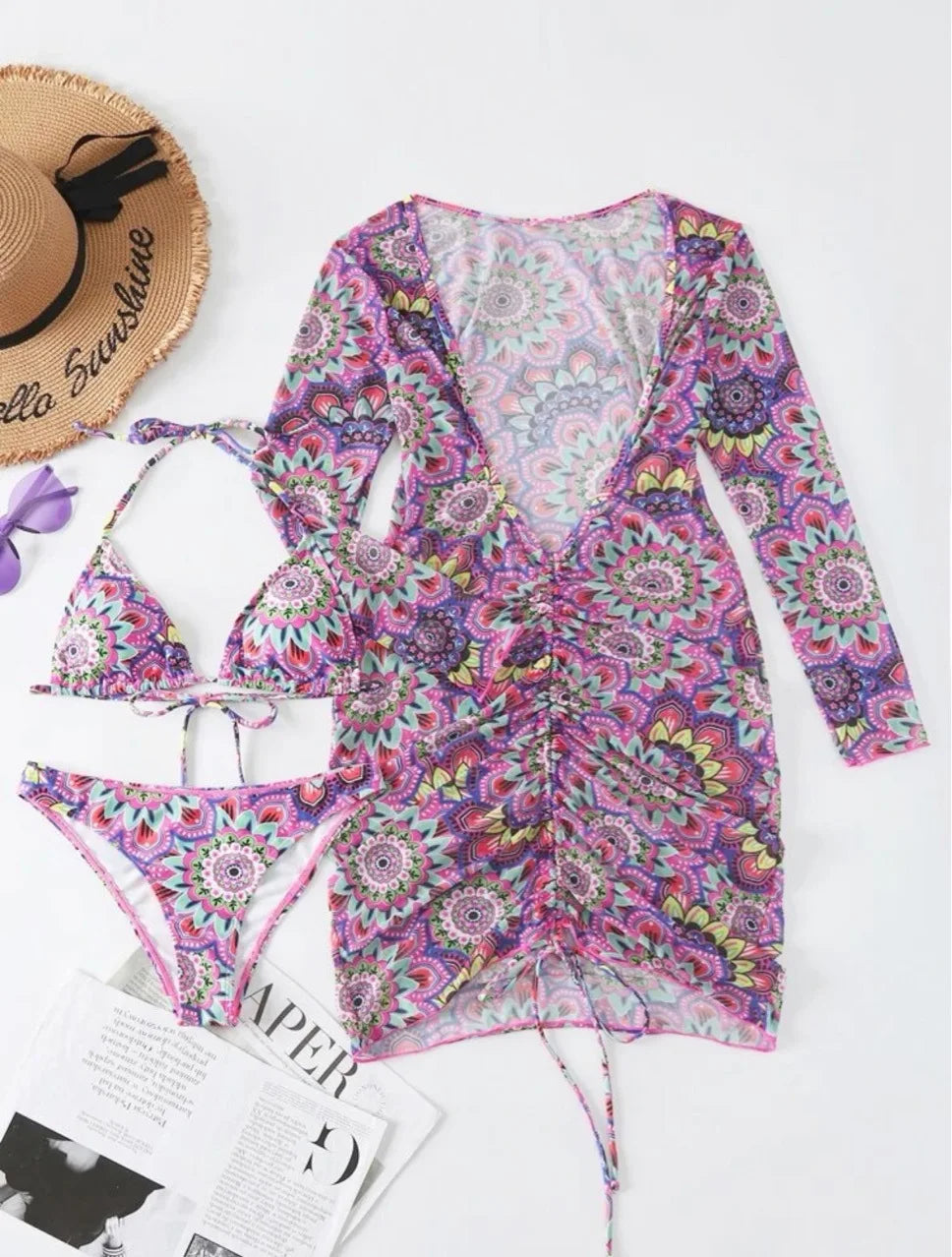 2024 Mesh Drawcord Three-piece Retro Printing Basic Swimsuits