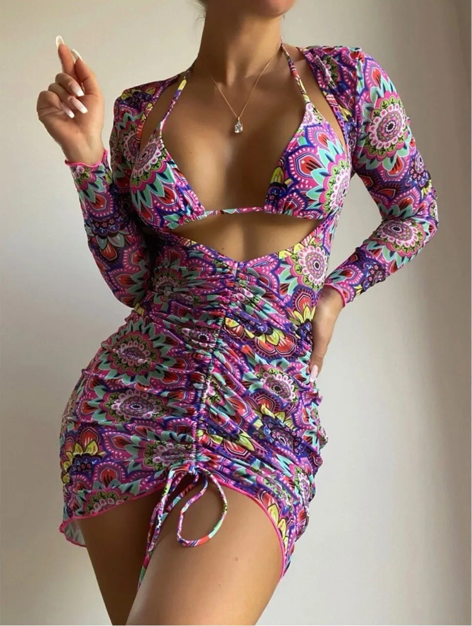 2024 Mesh Drawcord Three-piece Retro Printing Basic Swimsuits