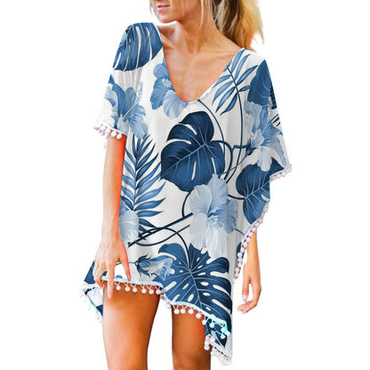 Tassels Cover Up Floral Mini Beach Dress Kaftan Chiffon Tops Bikini Sets