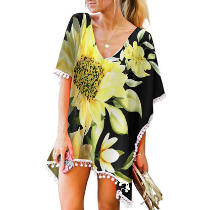 Tassels Cover Up Floral Mini Beach Dress Kaftan Chiffon Tops Bikini Sets