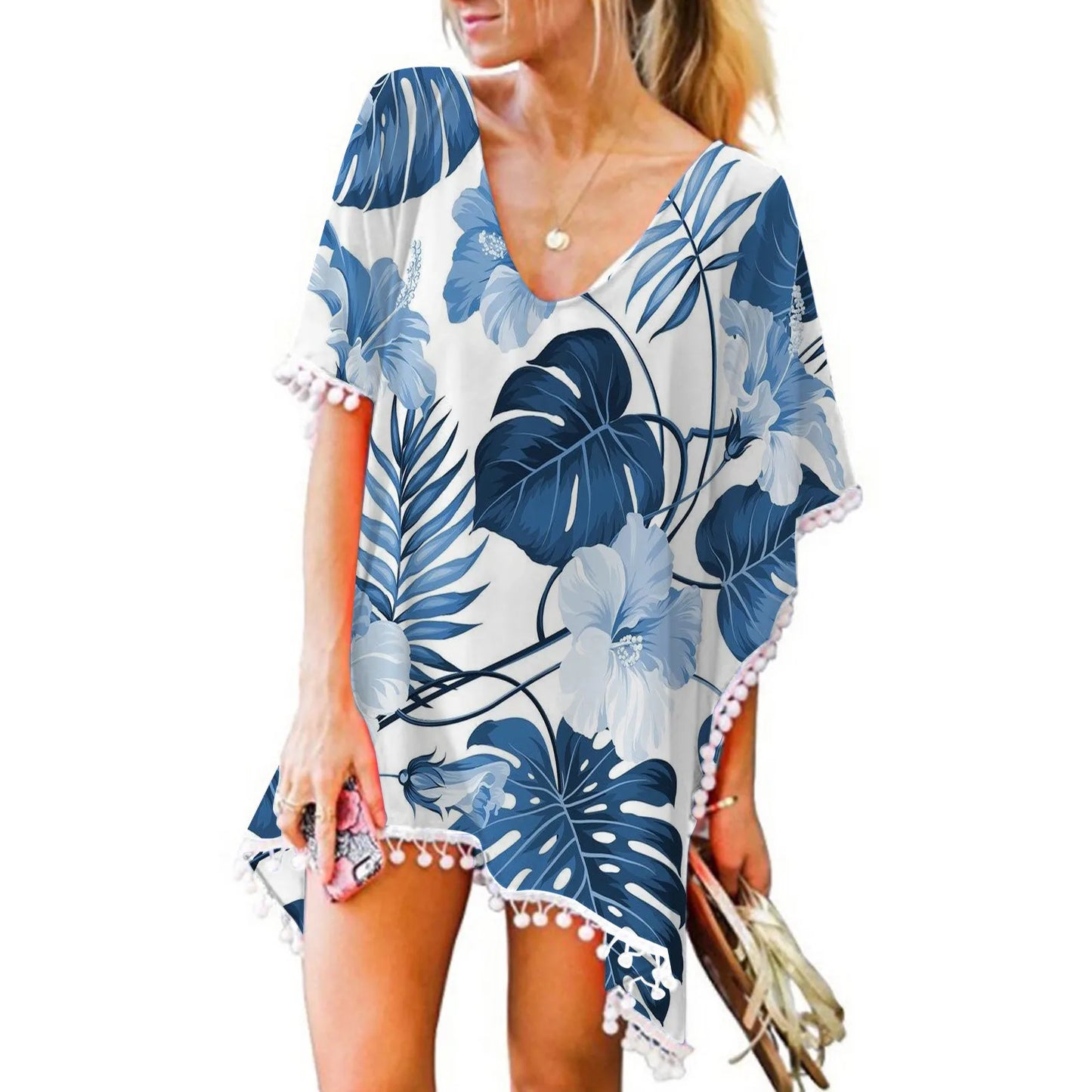 Tassels Cover Up Floral Mini Beach Dress Kaftan Chiffon Tops Bikini Sets