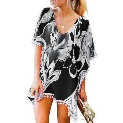 Tassels Cover Up Floral Mini Beach Dress Kaftan Chiffon Tops Bikini Sets