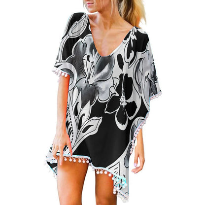 Tassels Cover Up Floral Mini Beach Dress Kaftan Chiffon Tops Bikini Sets