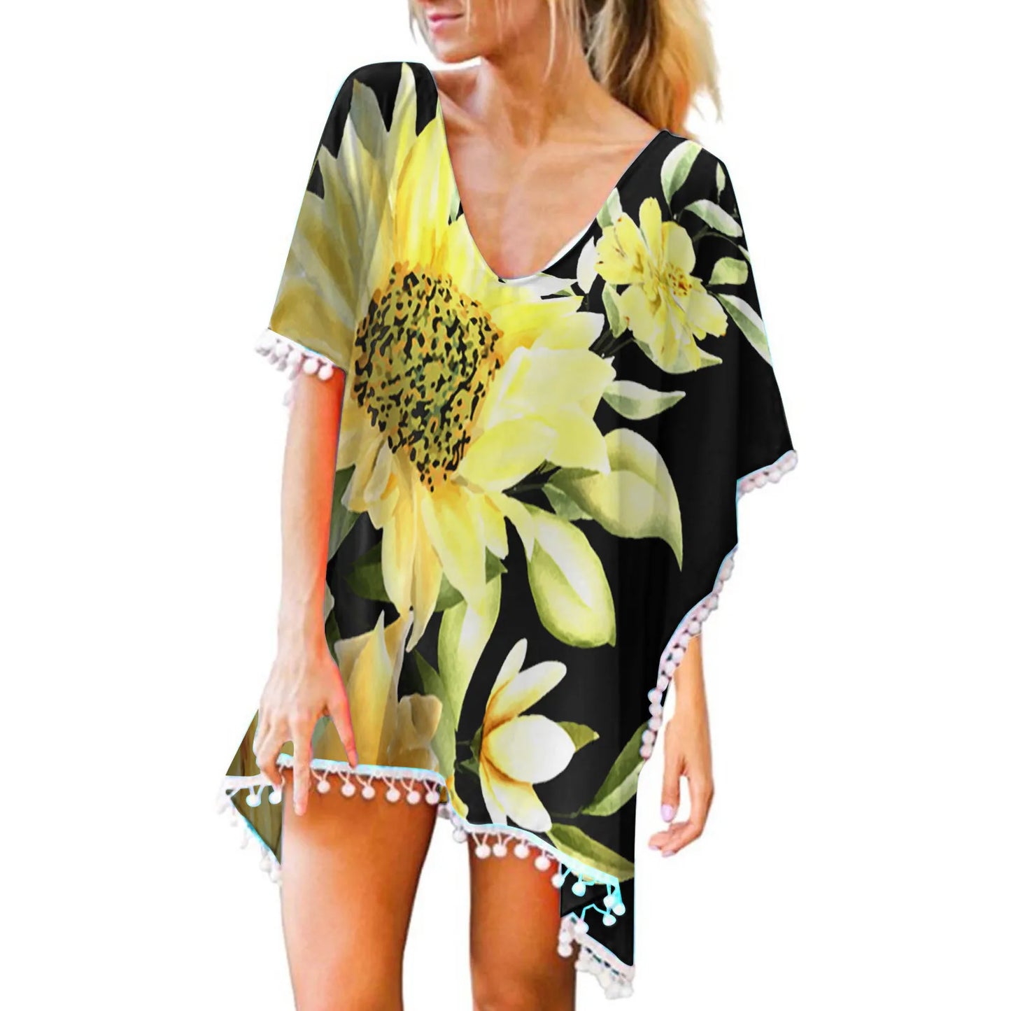 Tassels Cover Up Floral Mini Beach Dress Kaftan Chiffon Tops Bikini Sets