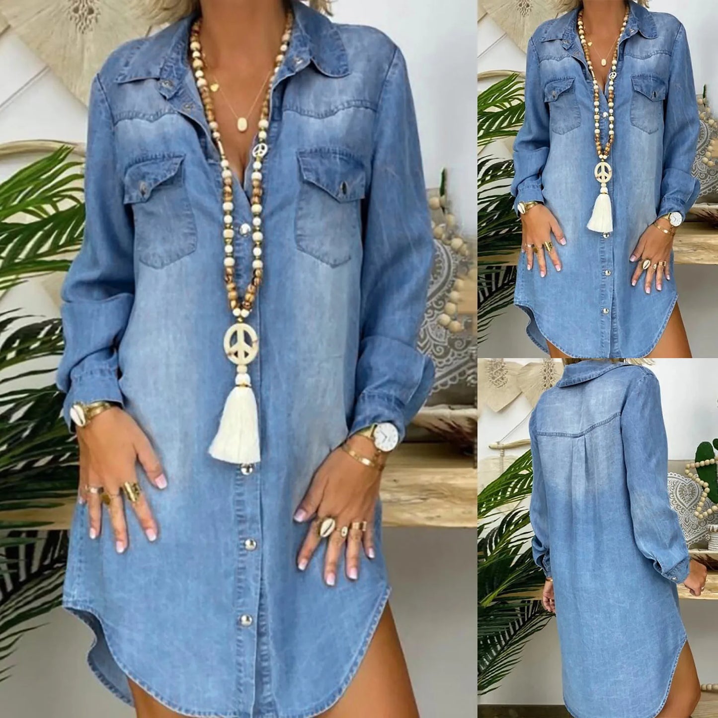 Fashionable Short Sleeve Midi Denim Slim Pockets Zipper Casual Party Summer Dress