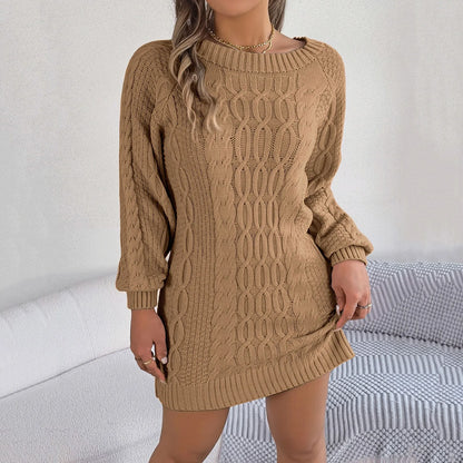 New Knitted Sweater Fall Winter Casual Lantern Turtleneck Ribbed Mini Party Streetwear Dress