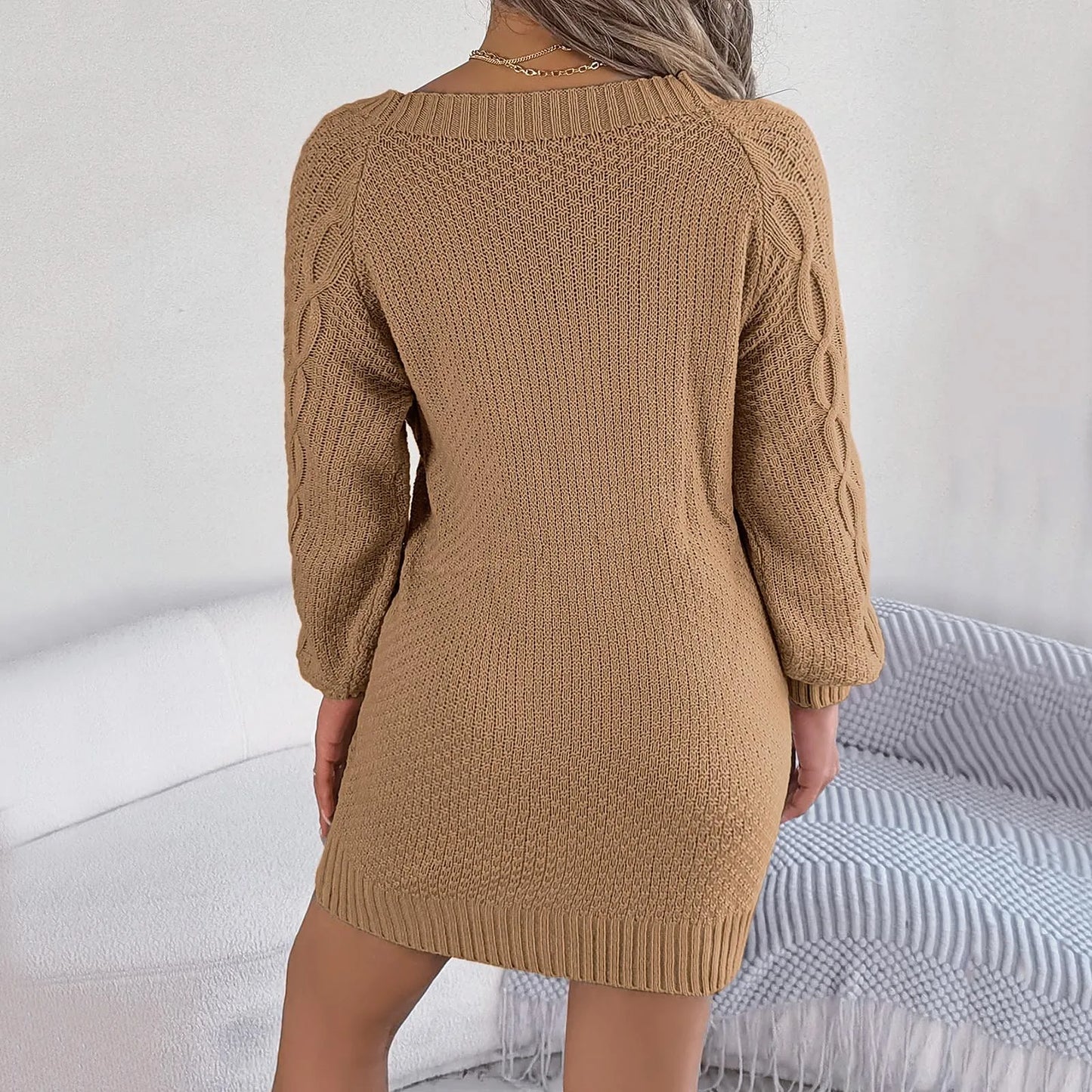 New Knitted Sweater Fall Winter Casual Lantern Turtleneck Ribbed Mini Party Streetwear Dress