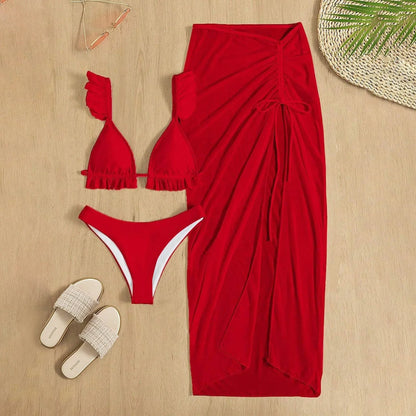 Sexy Backless Three Piece Set Swimsuit With Hip Skirt Bikini Sets