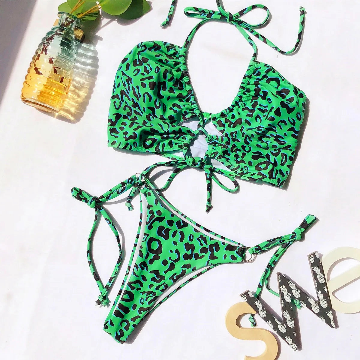 2024 Sexy Hollow Out Leopard Two Piece  Bikini Sets