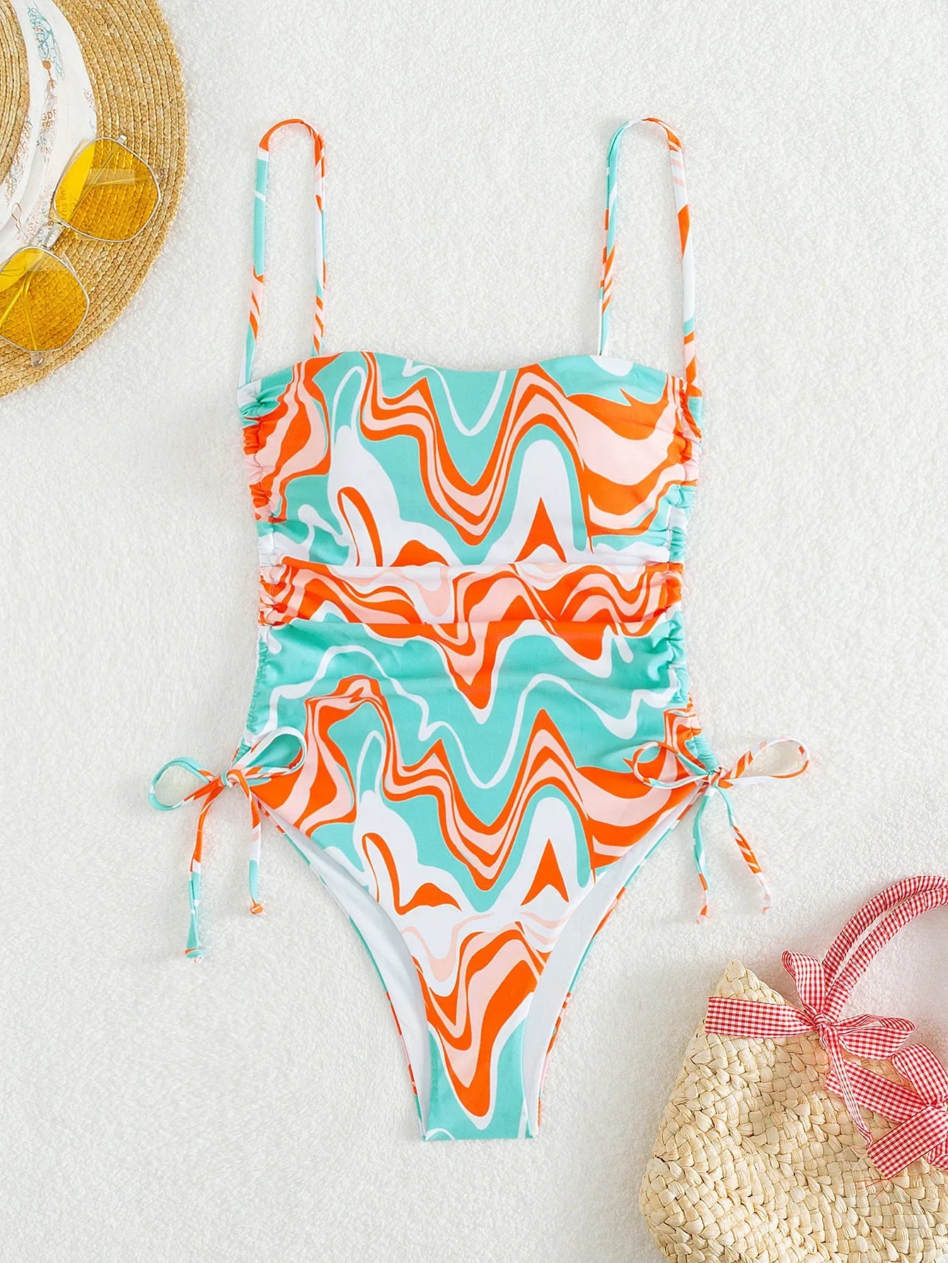 2024 Strap Open Back Fashion Print Drawstring Basic Swimsuits