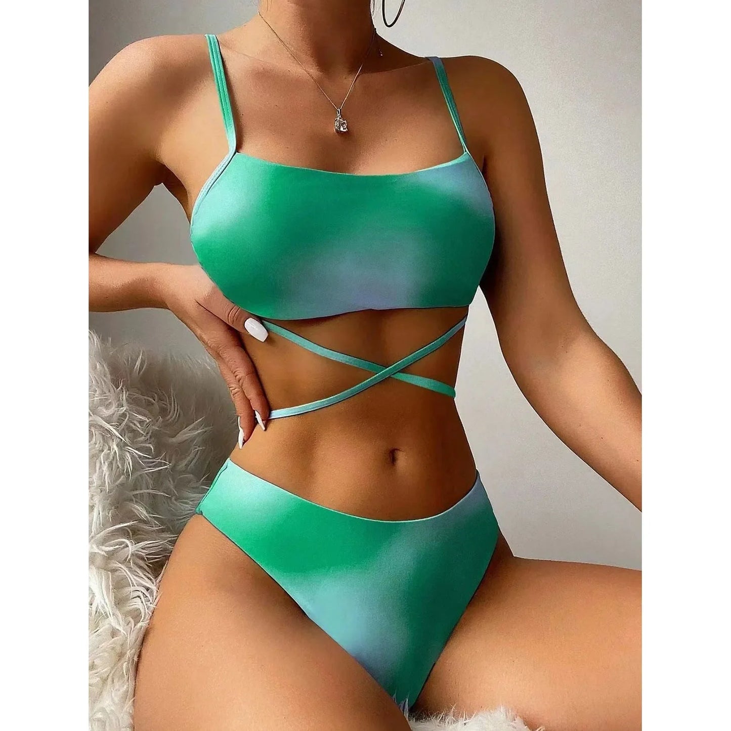 Ombre Lace Up Sexy Swimwear Bikini Sets