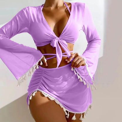 Lace Up Halter Triangle Cover Up Long Sleeve Strappy Front Bikini Sets