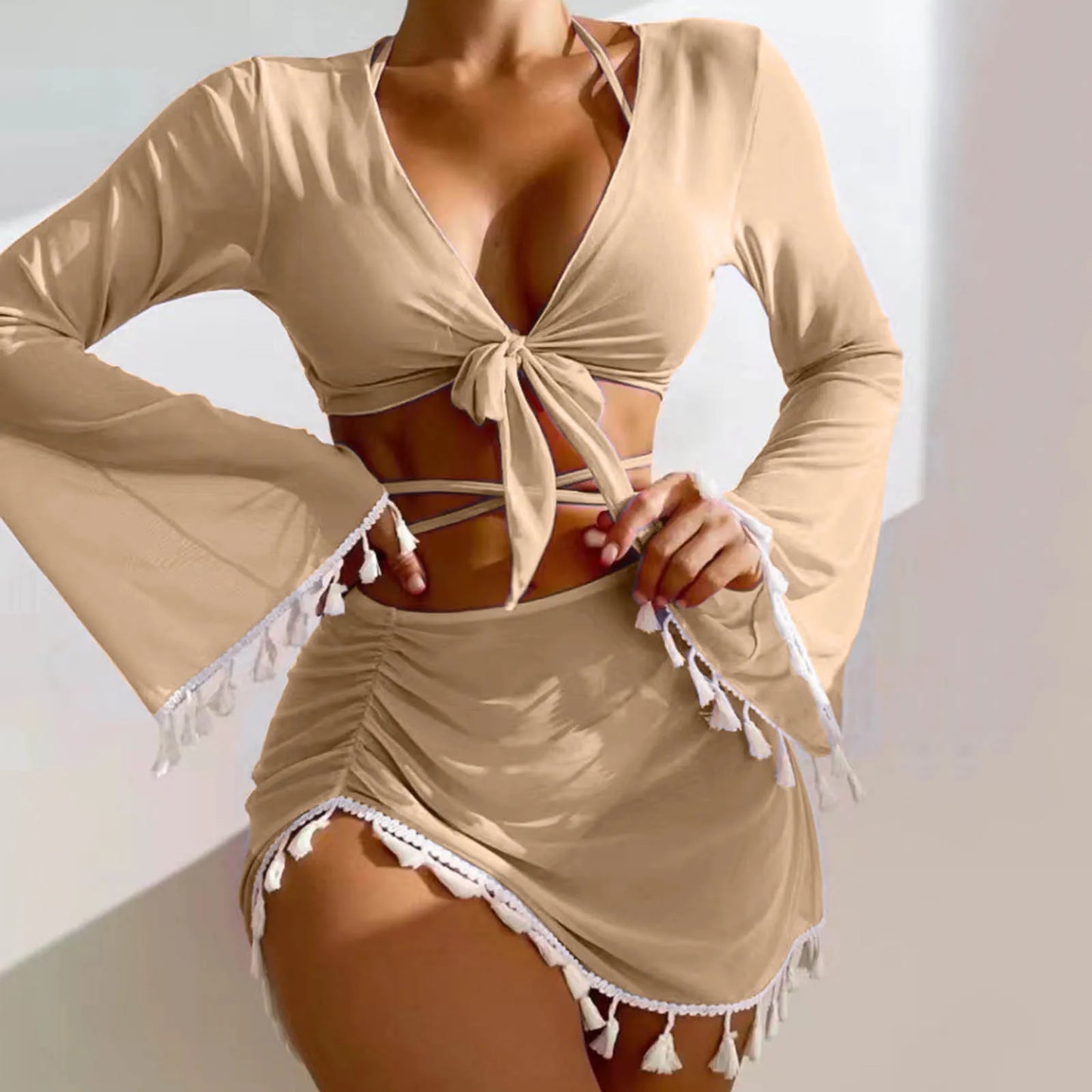 Lace Up Halter Triangle Cover Up Long Sleeve Strappy Front Bikini Sets