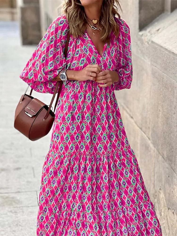 2024 Half Bubble Sleeves V-Neck Fashion Print Boho Dress