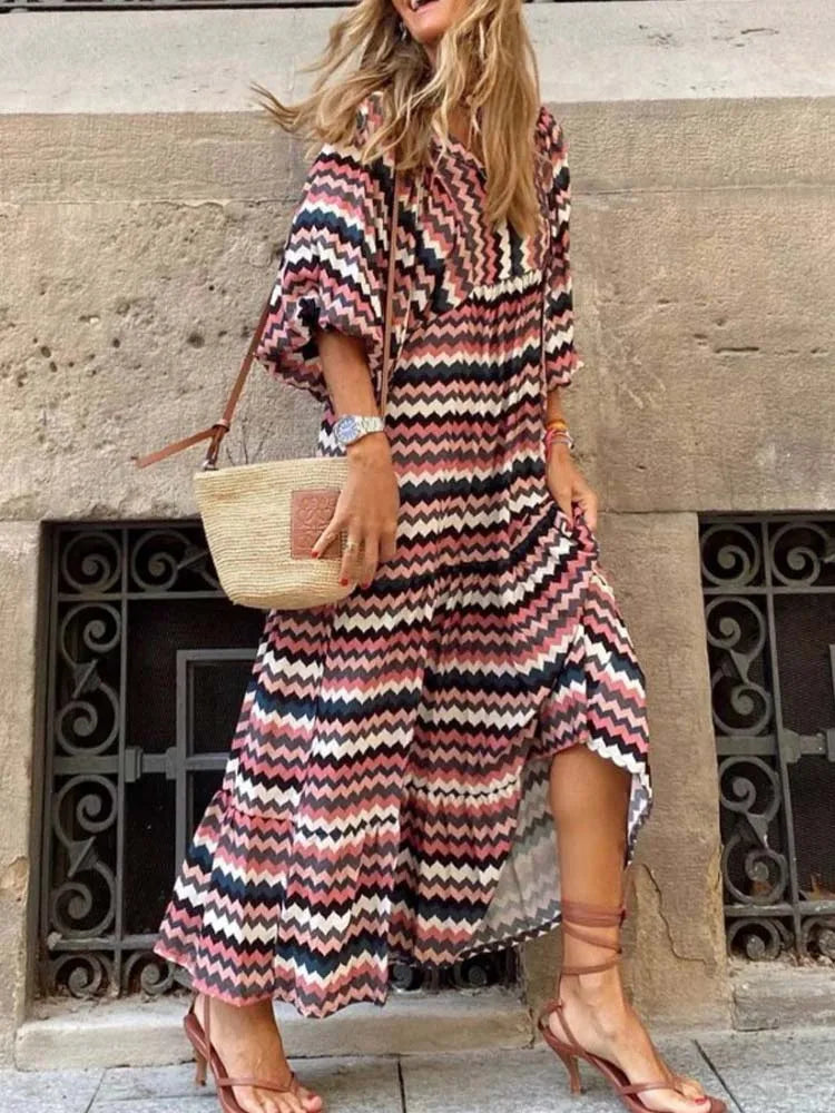 2024 Half Bubble Sleeves V-Neck Fashion Print Boho Dress