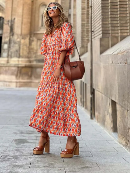 2024 Half Bubble Sleeves V-Neck Fashion Print Boho Dress