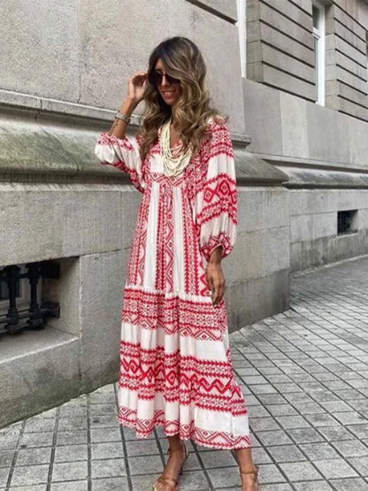 2024 Half Bubble Sleeves V-Neck Fashion Print Boho Dress