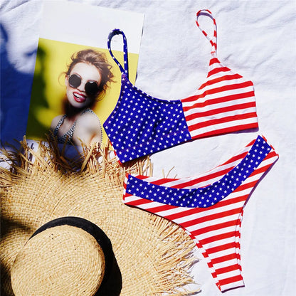 Sexy Swimsuit Women Flag Print Push-Up Independence Day Bikini Sets